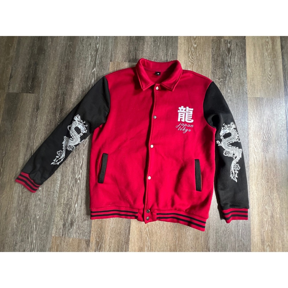Varsity Jacket Mens XXL Red Black Dragon Graphic Japanese Tokyo Bomber